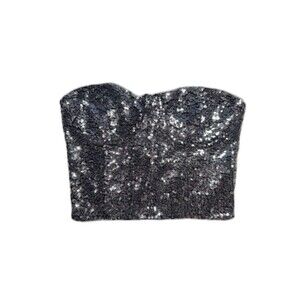 Forever 21 Silver/Black Sequin Tube Top with Built-in Bra, Small
